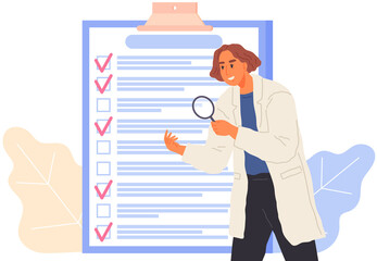 Medical worker or researcher holding document list. Scientist with standing near clipboard with data on paper sheet. Male character or chemistry student. Research into scientific project concept