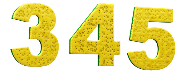 Sponge alphabet. Numbers 3, 4, 5 in 3d render. Cleaning festival.