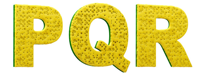 Sponge alphabet. Letters P, Q, R, in 3d render. Cleaning festival.