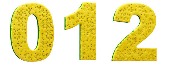 Sponge alphabet. Numbers 0, 1, 2 in 3d render. Cleaning festival.