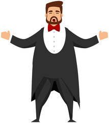Opera singer male character sing song, man in black tuxedo at concert. Vector flat vocalist classical artist dressed in tailcoat performs in theater in front of audience. Listeners enjoy tenor singing - obrazy, fototapety, plakaty