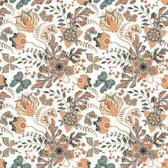 Seamless pattern with stylized ornamental flowers in retro, vintage style. Jacobin embroidery. Colored vector illustration In soft orange and green colorson brown background