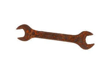 An old rusty wrench isolated on white background. Design element. Concept of Evolution
