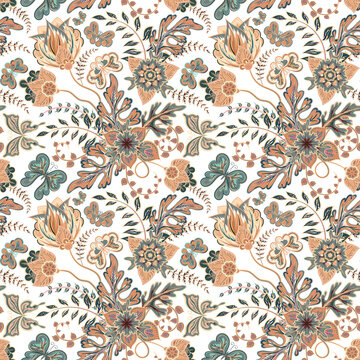 Seamless pattern with stylized ornamental flowers in retro, vintage style. Jacobin embroidery. Colored vector illustration In soft orange and green colorson brown background