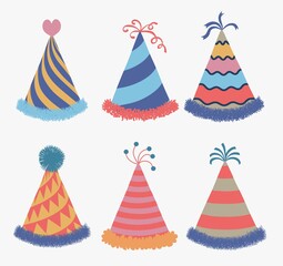 flat cartoon design illustration of colored hat for party celebration birthday set template. vector - illustration