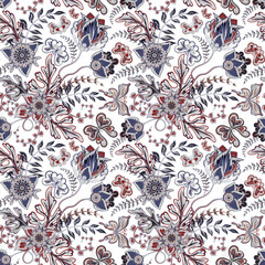 Seamless pattern with fantasy flowers, natural wallpaper, floral decoration curl illustration. Paisley print hand drawn elements. Home decor.
