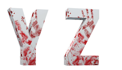 Alphabet blood. Letters Y, Z horror. White letters smeared with blood. 3D render. Write background.