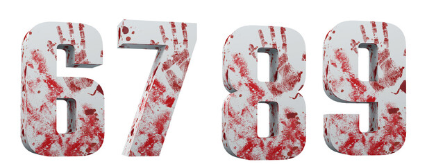 Alphabet blood. Numbers 6, 7, 8, 9, horror. White letters smeared with blood. 3D render. Write background.