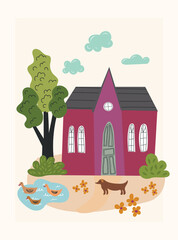 Poster with cute houses. Flat illustration. Children's houses.