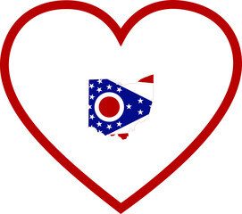 Map of US federal state of Ohio with state flag inside white heart shape with blue stroke