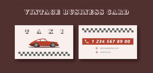 Vintage business card for taxi, car service with red retro car. Vector illustration