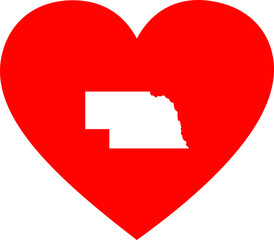 White Map of US federal state of Nebraska inside red heart shape