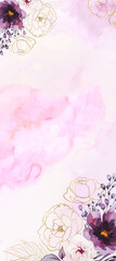 Watercolor Purple and golden peonies flowers illustration, pink romantic wedding menu template