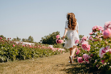 Beautiful girl walks on peony field and touches pink flowers with her hands. Free woman between...