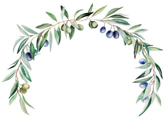 Watercolor wreath made of olive branches with blue and green fruits and leaves illustration