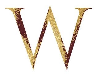 Dark red and Golden glitter capital letter W with dispersion effect, festive design element