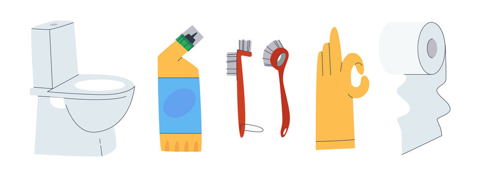 Items for cleaning and washing the bathroom. Toilet bowl, household chemicals and brushes. Disinfection and hygiene. Flat illustration. Eps10