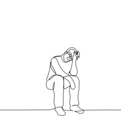 man sits with his head down, which he props up with his hand - one line drawing vector. concept of fatigue, exhaustion, burnout, overwork, crisis, depression, apathy, grief