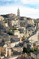 Stunning view of the Matera’s skyline during a beautiful sunny day. Matera is a city on a rocky outcrop in the region of Basilicata, in southern Italy.