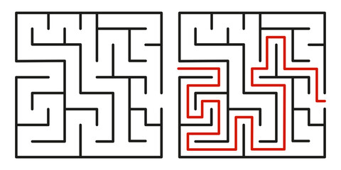 Abstract maze. Find right way. Isolated simple square maze black line on white background. Vector illustration.