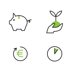 Save concept line icons. Save time and money. Piggy bank, plant in hand, money back and fast deadlines.