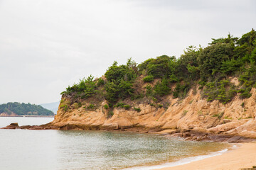 曇り空と砂浜と岩と緑