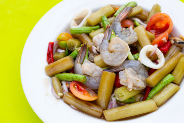 Lotus stem spicy salad with seafood. Thai food recipes