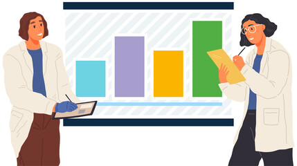 Search for solutions, scientific analysis concept. Woman looking at statistical chart. Scientist works with data analytics and research of statistics. Person with magnifying glass analyzes diagram