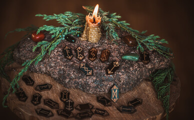 Scandinavian Nordic Runes. Paganism and nature powers, old Gods symbolism. Esoteric concept