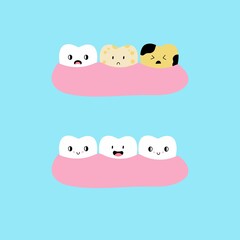 Cartoon Teeth in gum. Healthy and with caries, cute tooth yellow and white enamel, before and after whitening and cleaning procedure. Dental clinic comic mascot, vector isolated characters