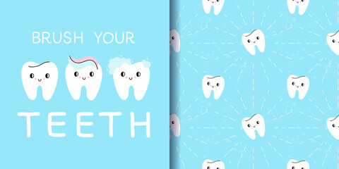 Tooth lettering and seamless pattern. Brush your teeth text. Cartoon characters with toothpaste, stages of brushing. dental clinic mascot. Decor textile, wrapping paper wallpaper, vector print