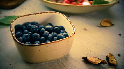 fresh organic blueberries sweet wholesome rustic on wooden table in farm close up top view