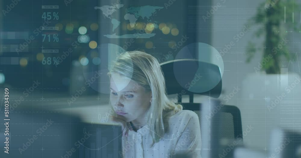 Poster animation of data processing over caucasian businesswoman using computer
