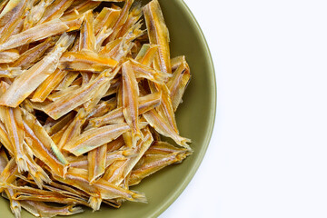 Dried anchovy on white background.