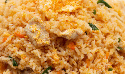 Fried rice in white plate on white background.