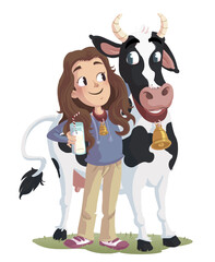 Children's illustration of a little girl with a cow