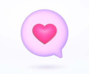 Pink speech bubble with heart, 3d vector illustration. Love notification, online message, Valentine's day concept.