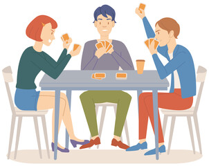 Man and girl playing cards, excited friends having good time together sitting at table at home. Concept of entertainment, relaxation, partying. Spending evening together. Quarantine at home, in family