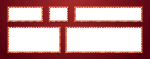 Marquee frames with red border, retro casino signboards with white background. Vintage circus banners with yellow light bulbs. Vector illutration. © Likanaris