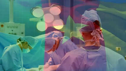 Animation of flag of cameroon over diverse doctors during surgery - Powered by Adobe