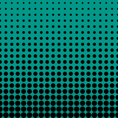 Abstract seamless geometric circle pattern. Mosaic background of black circles. Evenly spaced shapes of different sizes. Vector illustration on teal background