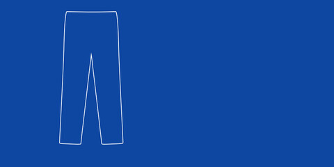 A large white outline pants symbol on the left. Designed as thin white lines. Vector illustration on blue background