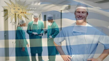 Animation of flag of uruguay over diverse doctors smiling and talking - Powered by Adobe