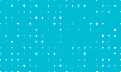 Seamless background pattern of evenly spaced white kite symbols of different sizes and opacity. Vector illustration on cyan background with stars