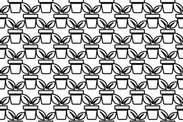 Seamless pattern completely filled with outlines of plant in pot symbols. Elements are evenly spaced. Vector illustration on white background
