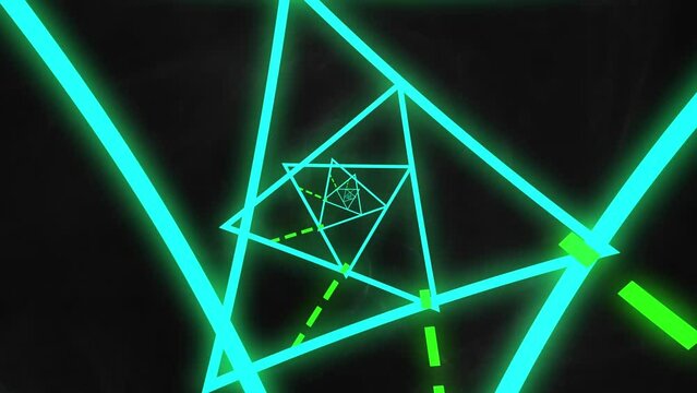 Digital animation of neon green triangular tunnel with copy space on black background