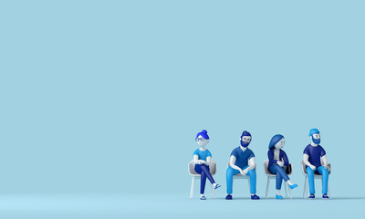 A team of professional people sitting in a line. 3D Rendering
