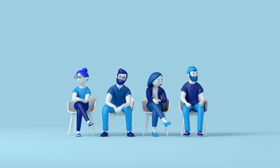 A team of professional people sitting in a line. 3D Rendering