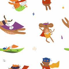 Seamless pattern with animals in funny superhero costumes. Cute vector background with bear, monkey, koala, dog, fox, deer, crocodile, bear isolated on white background.