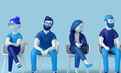 Obraz premium A team of professional people sitting in a line. 3D Rendering